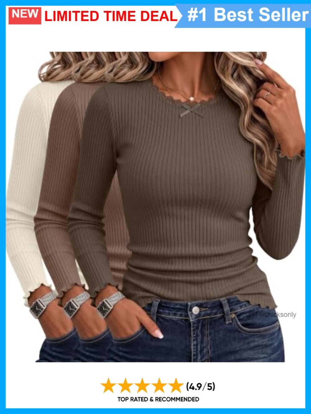3 Pack Women's Long Sleeve Lace Trim Bow Ruffle Ribbed Tops